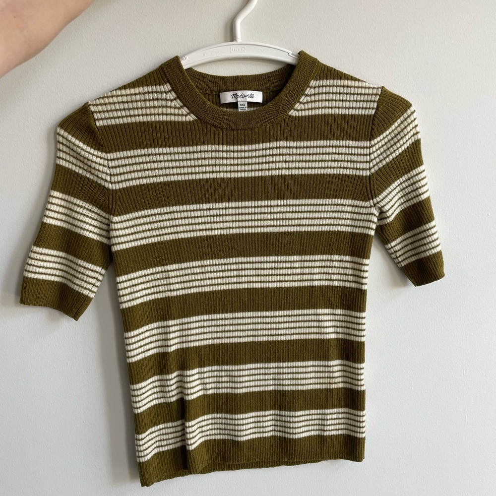 Madewell green and cream striped thin sweater